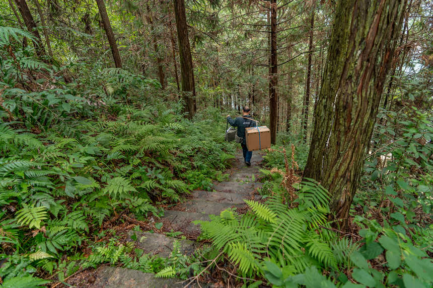 張林昌挑著包裹前往輪渡碼頭,乘坐輪渡過河派送。人民網 涂敏攝