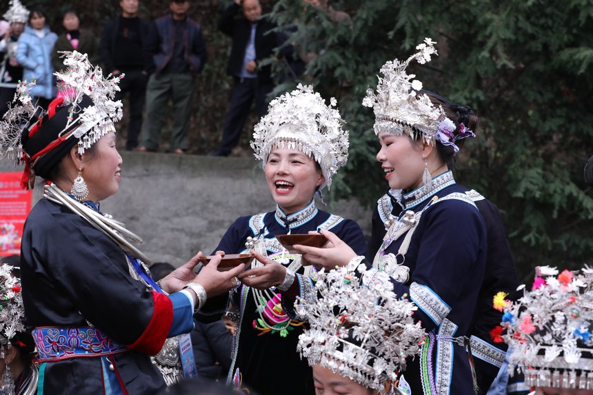 侗族群眾吃團(tuán)圓飯，互相敬酒。楊家孟攝