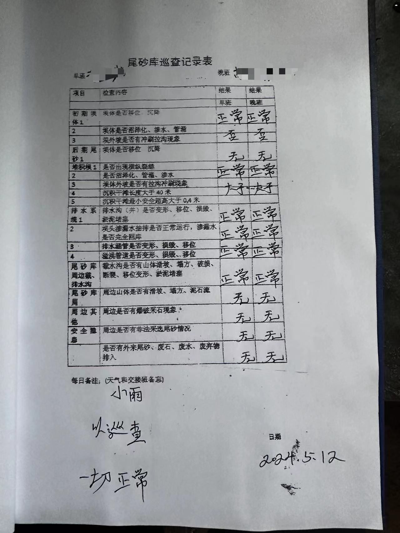 5月12日，泡金山鉛鋅礦第三尾礦庫“早產”的巡查記錄。人民網記者 游天燚攝
