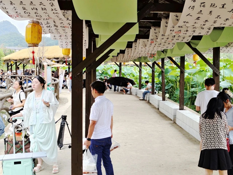 游客們正在荷文化長廊休息。張文霞 攝