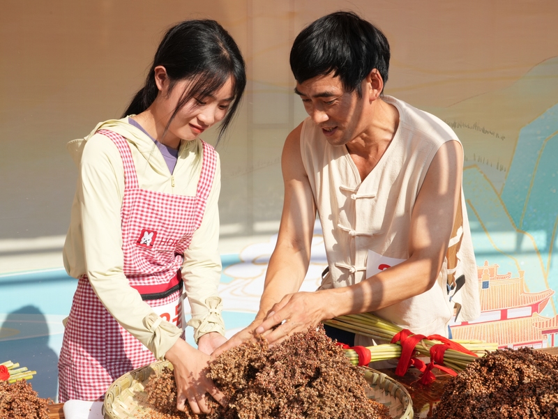 3、賽高粱現場農戶正在手搓脫粒