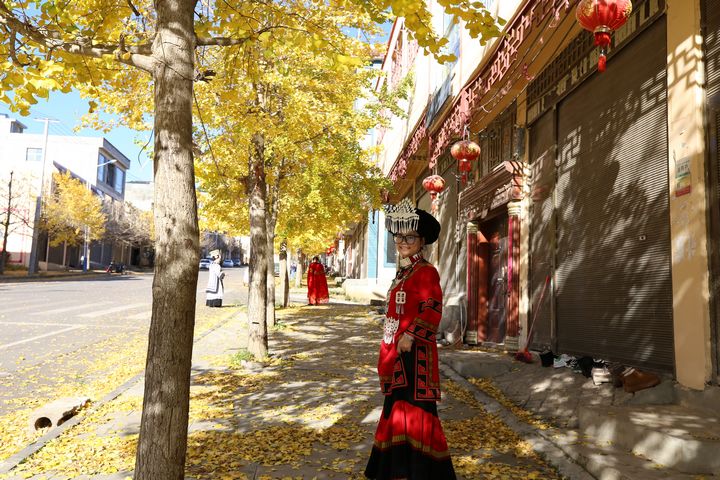 在云上結(jié)構(gòu)，金黃的銀杏、藍(lán)天、白云、身著民族服飾的人們，共同繪就了唯美畫卷。湯斌攝