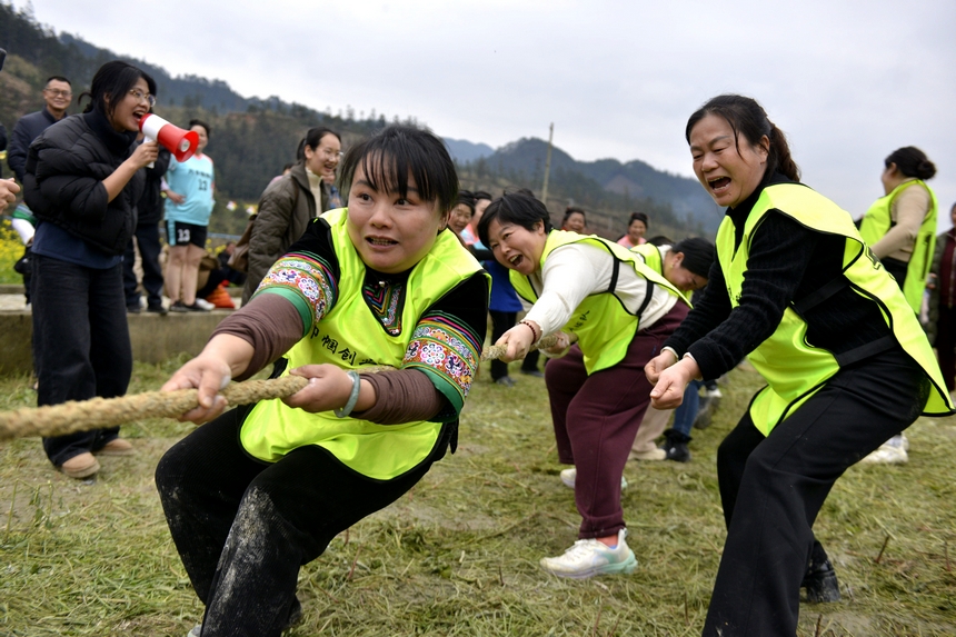 村民在榕江縣寨蒿鎮平堡村參加“南瓜拔河”活動。