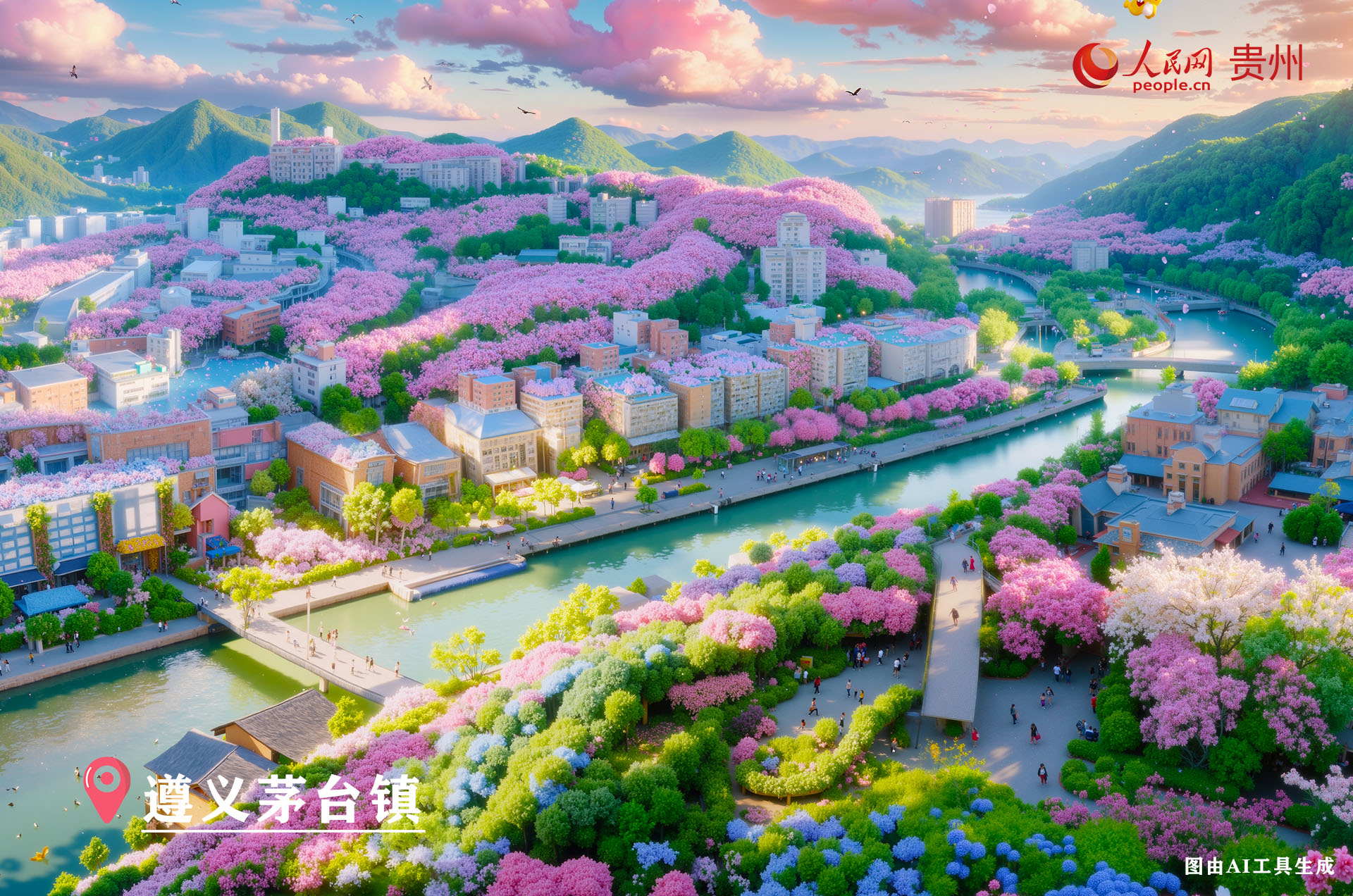 遵義茅臺鎮，隸屬貴州省遵義市仁懷市，地處貴州西北部，大婁山脈西段北側 ，赤水河穿鎮而過。它是 “中國第一酒鎮”，白酒業興盛，茅臺等知名品牌云集。集古鹽、長征、酒文化于一體，有 1915 廣場、紅軍四渡赤水紀念塔等景點，酒旅融合發展，獨具魅力。