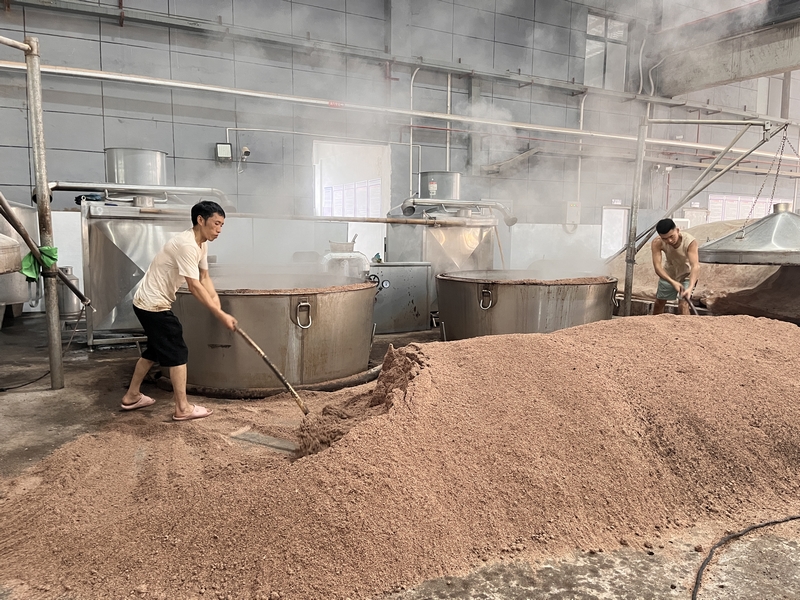 工人正忙著上甑。 王裕攝