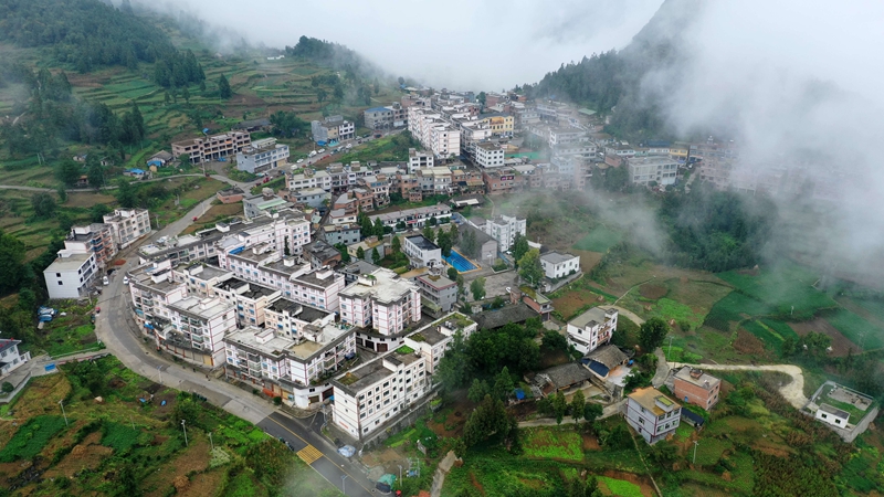 薄霧籠罩下,井壩村展現出蓬勃的發展活力。羅金 攝.jpg