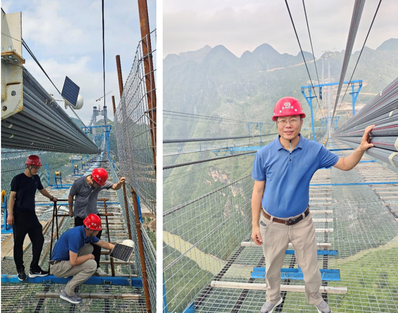 馬宗源與其他博士在花江峽谷大橋施工現(xiàn)場(chǎng)開展主纜架設(shè)北斗衛(wèi)星定位科研工作。