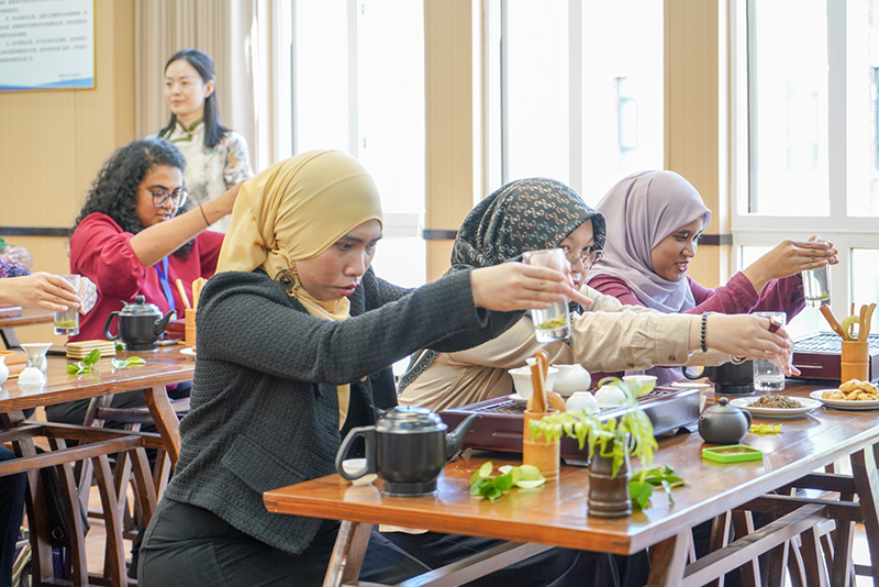 留學(xué)生中國茶藝學(xué)習(xí)。