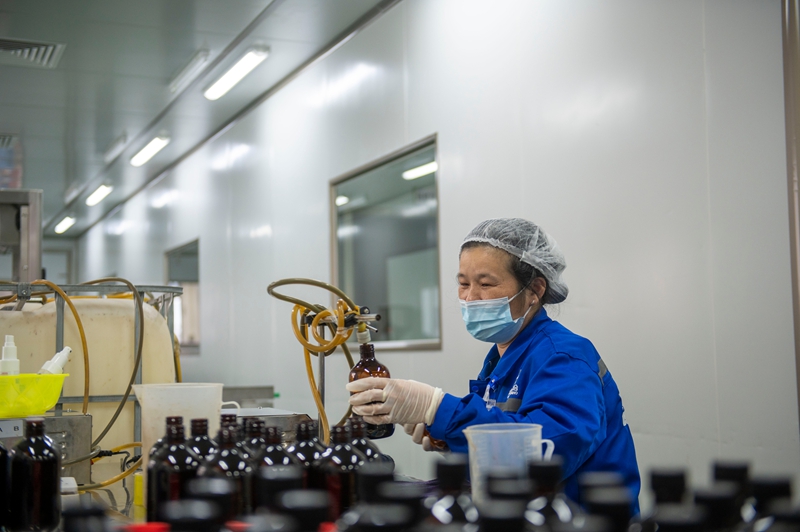 11月11日，在貴州省從江縣美娥工業園區的一家藥企，工人在生產車間趕制訂單。