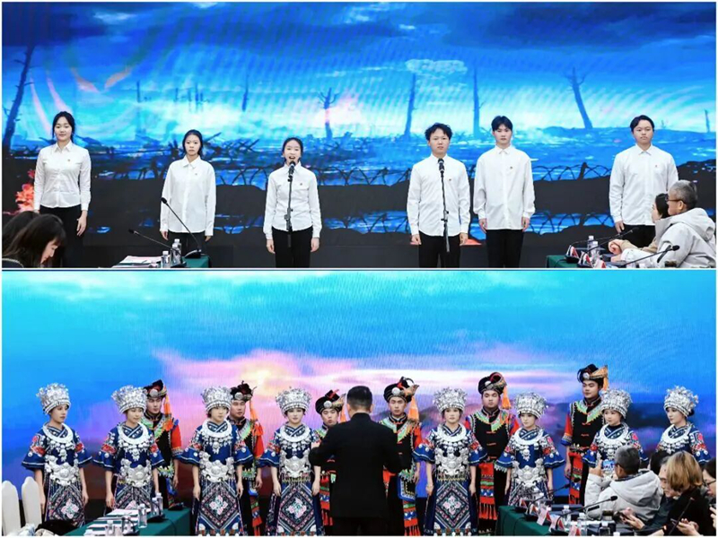 貴州商學(xué)院學(xué)子表演《永恒的豐碑》和《踩鼓曲》。