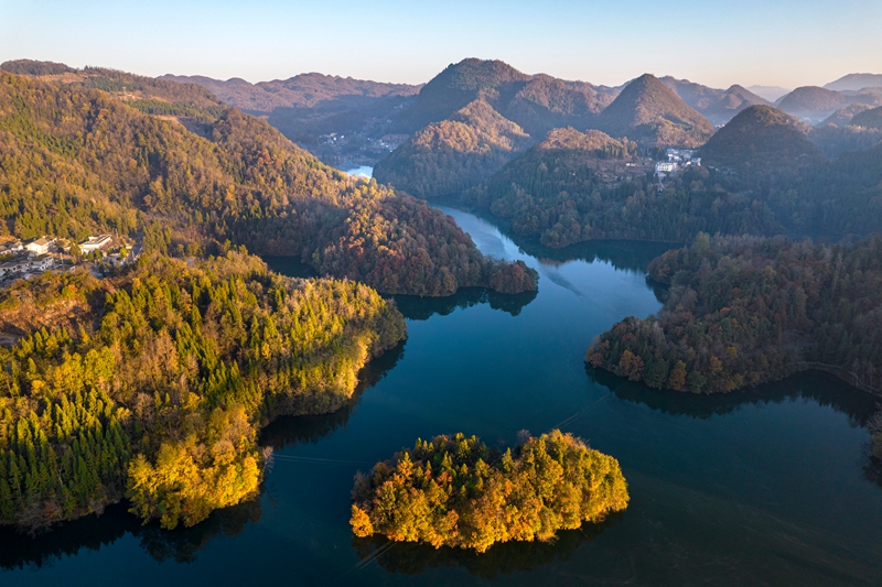 2025年11月28日拍攝的貴州省畢節市百里杜鵑管理區境內的百里杜鵑湖景區（無人機照片）。