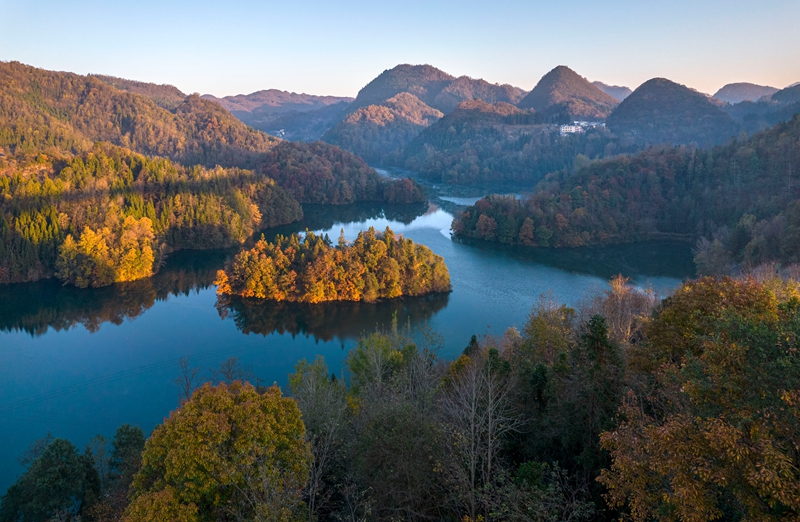 2025年11月28日拍攝的貴州省畢節市百里杜鵑管理區境內的百里杜鵑湖景區（無人機照片）。