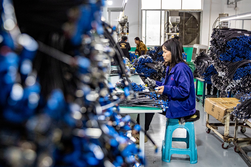 2025年12月17日，工人在貴州省金沙縣經(jīng)濟(jì)開發(fā)區(qū)一家數(shù)據(jù)線生產(chǎn)企業(yè)車間生產(chǎn)線上作業(yè)。