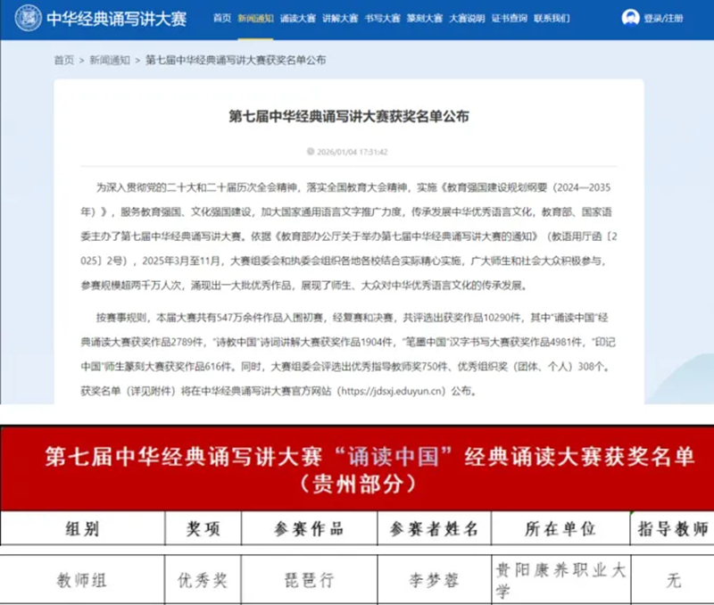 1.貴陽(yáng)康養(yǎng)職業(yè)大學(xué)在第七屆中華經(jīng)典誦寫講大賽“誦讀中國(guó)”經(jīng)典誦讀大賽中獲佳績(jī)。