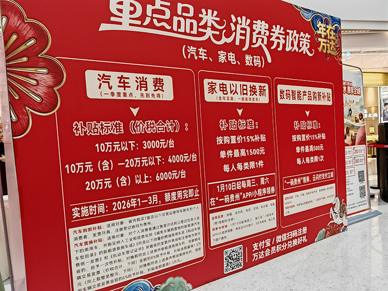 重點品類消費券政策展板,清晰展示汽車等補貼標準。謝永恒 攝
