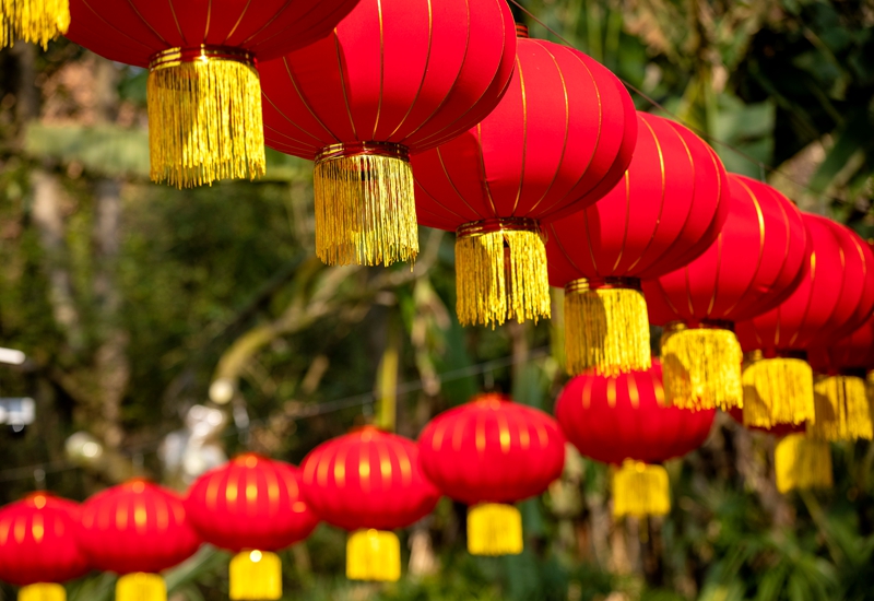 掛滿紅燈籠年味十足的貴州省黔西市水西公園。