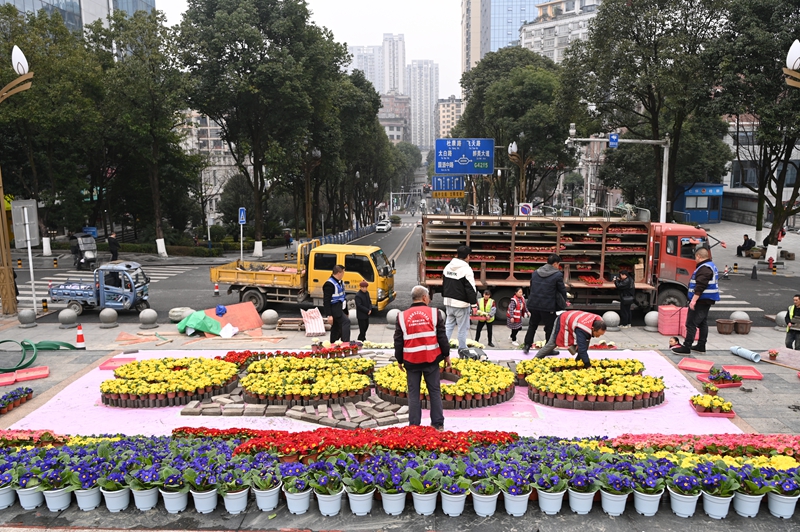 1、工作人員正有條不紊地將一盆盆鮮花搬到指定位置，并進行精心擺放。.JPG