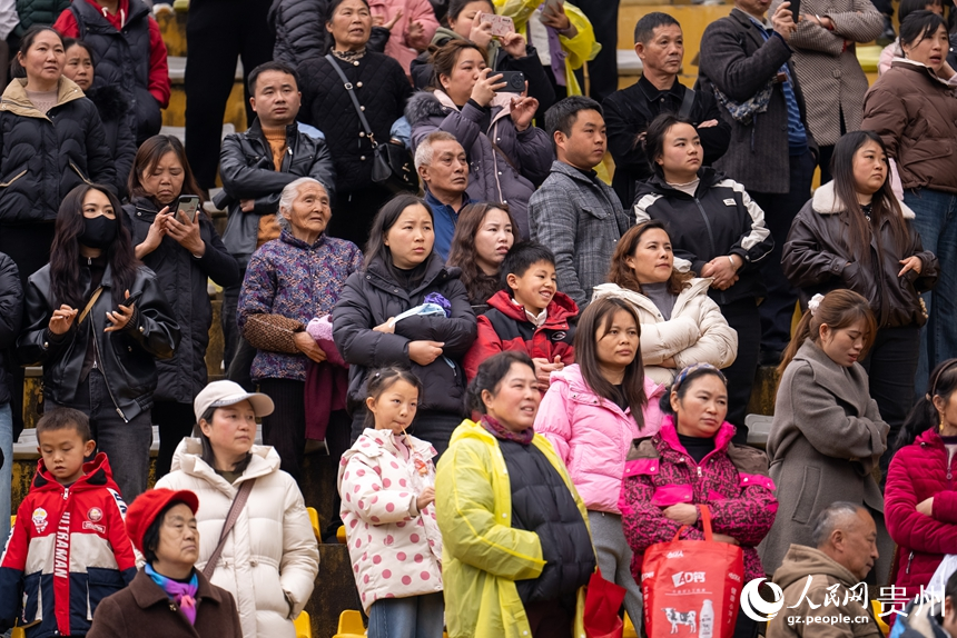 現(xiàn)場(chǎng)觀眾觀看仡佬毛龍節(jié)舞龍大賽。人民網(wǎng)記者 涂敏攝