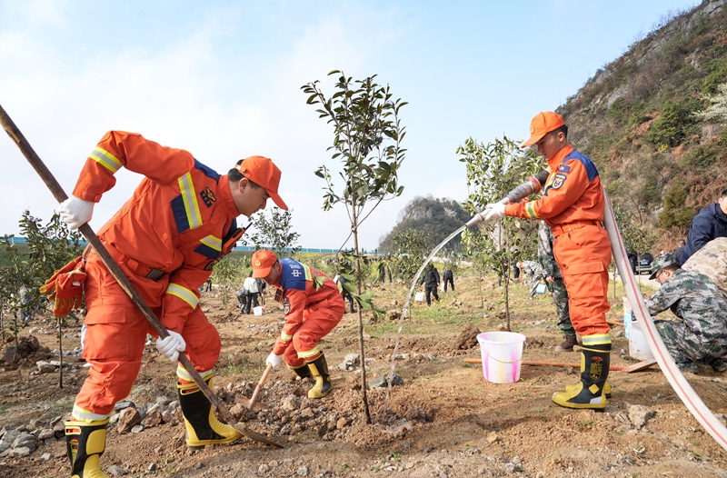 2026年2月28日,貴州省畢節(jié)市納雍縣百興鎮(zhèn)丫口社區(qū)縣級(jí)義務(wù)植樹現(xiàn)場(chǎng),消防人員在植樹。 楊英 攝.jpg