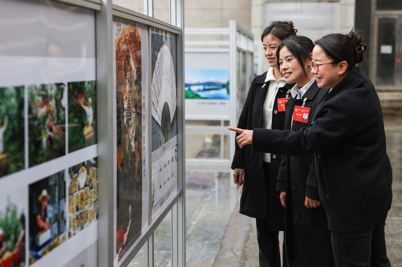 2026年2月27日,在貴州省銅仁市玉屏侗族自治縣城區,該縣政協委員在書畫攝影作品展。