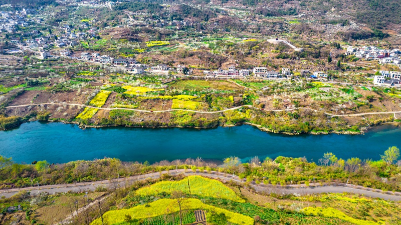 3月4日，貴州省黔西市大關(guān)鎮(zhèn)丘林村盛開的桃花李花與村莊、河流、山川構(gòu)成一幅美麗鄉(xiāng)村生態(tài)畫卷。