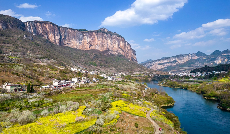 3月4日，貴州省黔西市大關(guān)鎮(zhèn)丘林村盛開的桃花李花與村莊、河流、山川構(gòu)成一幅美麗鄉(xiāng)村生態(tài)畫卷。