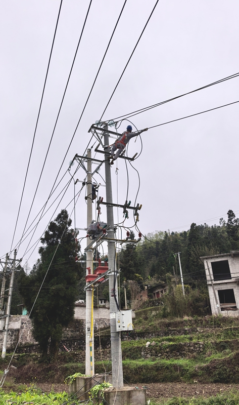 施工人員對10千伏龍石線自動化開關進行改造作業