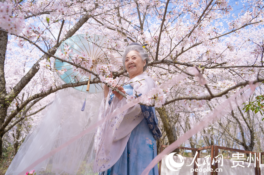 游客在櫻花樹下拍照。人民網 陽茜攝