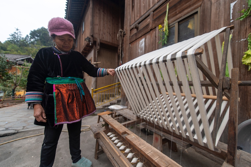 3月19日，在貴州省從江縣高增鄉占里侗寨，侗族同胞在進行手工織布前的穿筘。