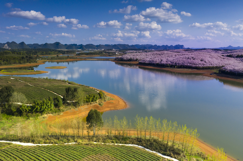 翠綠、粉白和湖藍(lán),清鎮(zhèn)紅楓湖畔的一方美景。關(guān)鴻琦攝