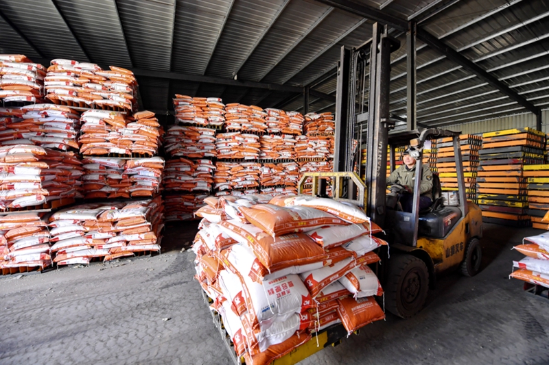 中心倉內(nèi)，一袋袋化肥整齊碼放、流轉(zhuǎn)有序.jpg