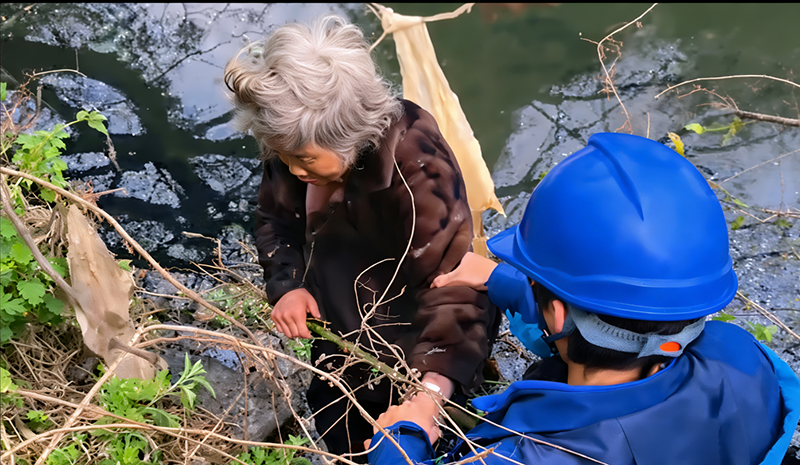 曾錦超、段騎濱在黔南貴定縣下拉東村冰冷河水中救援被困高齡老人的現場畫面。