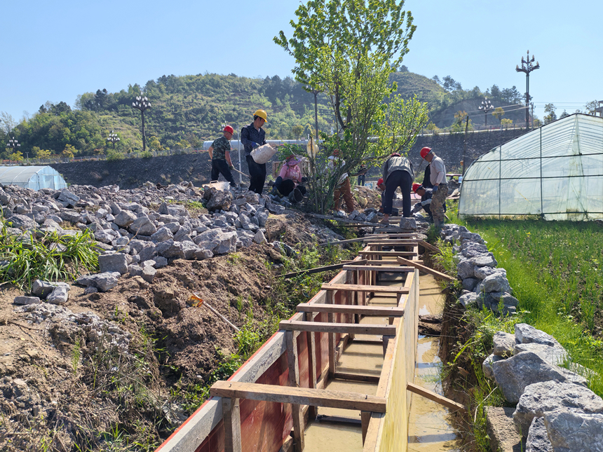 施工人員正在清理掉雜草和泥石的毛溝里面。