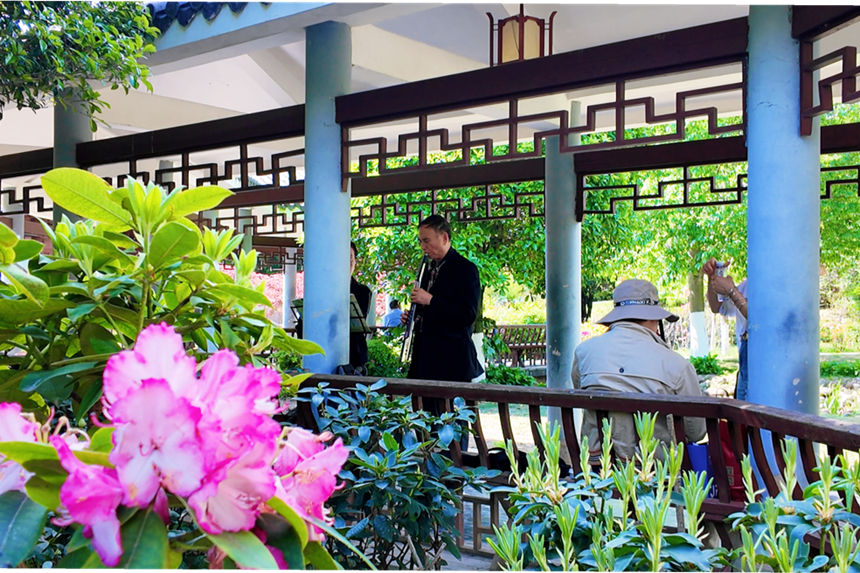 游客融入景色中 留下美麗瞬間。吳成艷攝