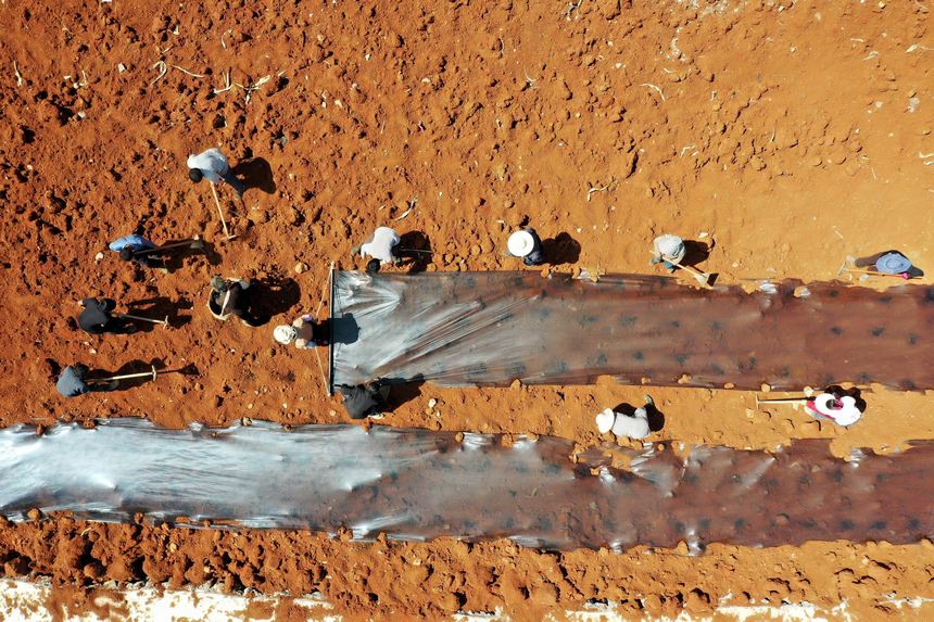 2026年4月13日，威寧自治縣迤那鎮櫻桃村，農戶忙著種植玉米。陳逍攝