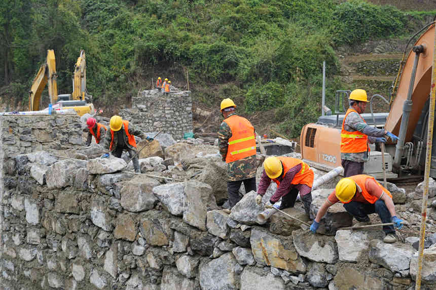 工人們進行擋墻作業。